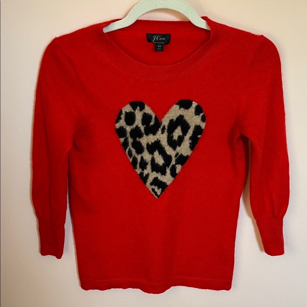 J. CREW 100% Cashmere Crewneck Sweater Red Leopard Print Heart 3/4 Sleeve XS
